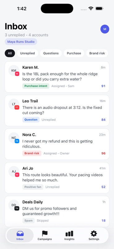 FanCue iPhone inbox showing prioritized comments and filters