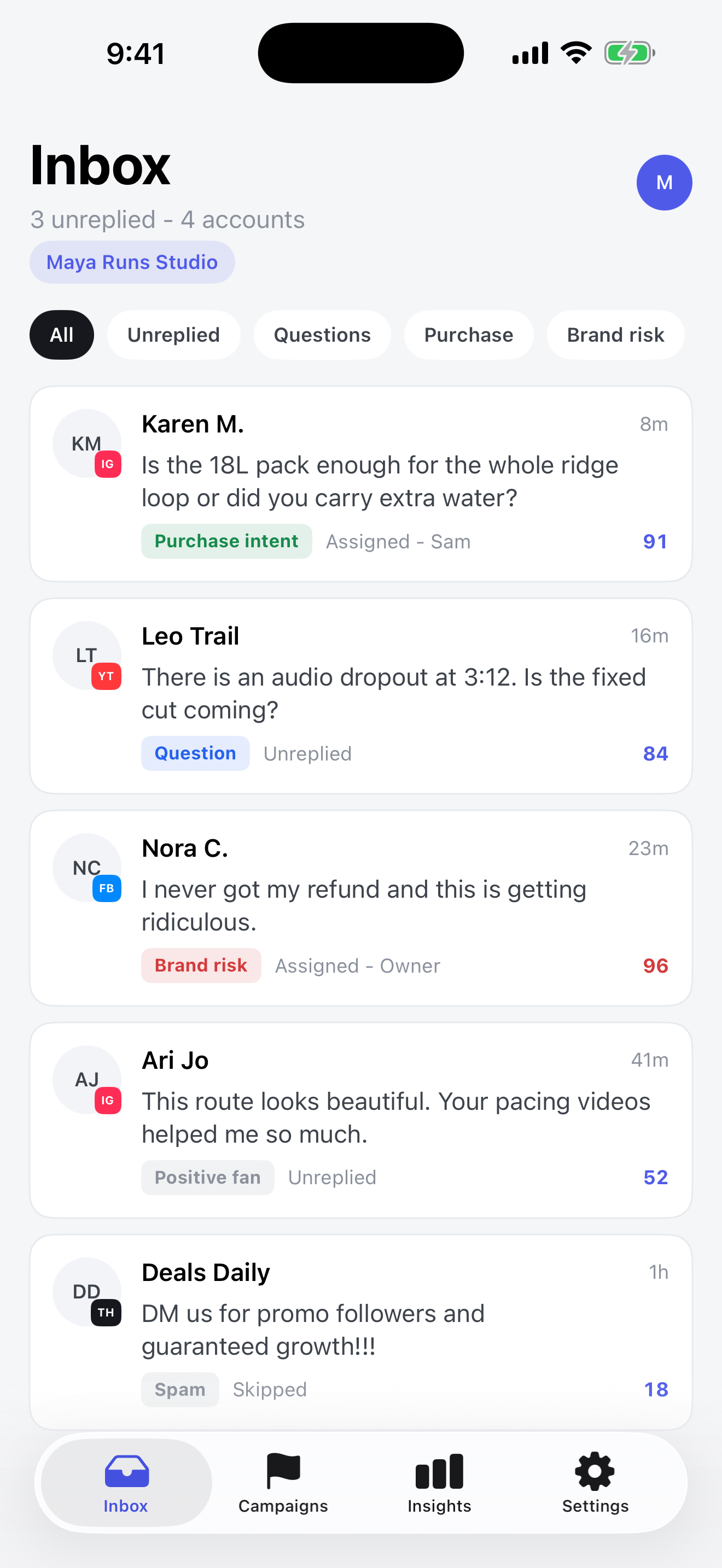 FanCue priority inbox showing purchase intent, questions, and brand risk
