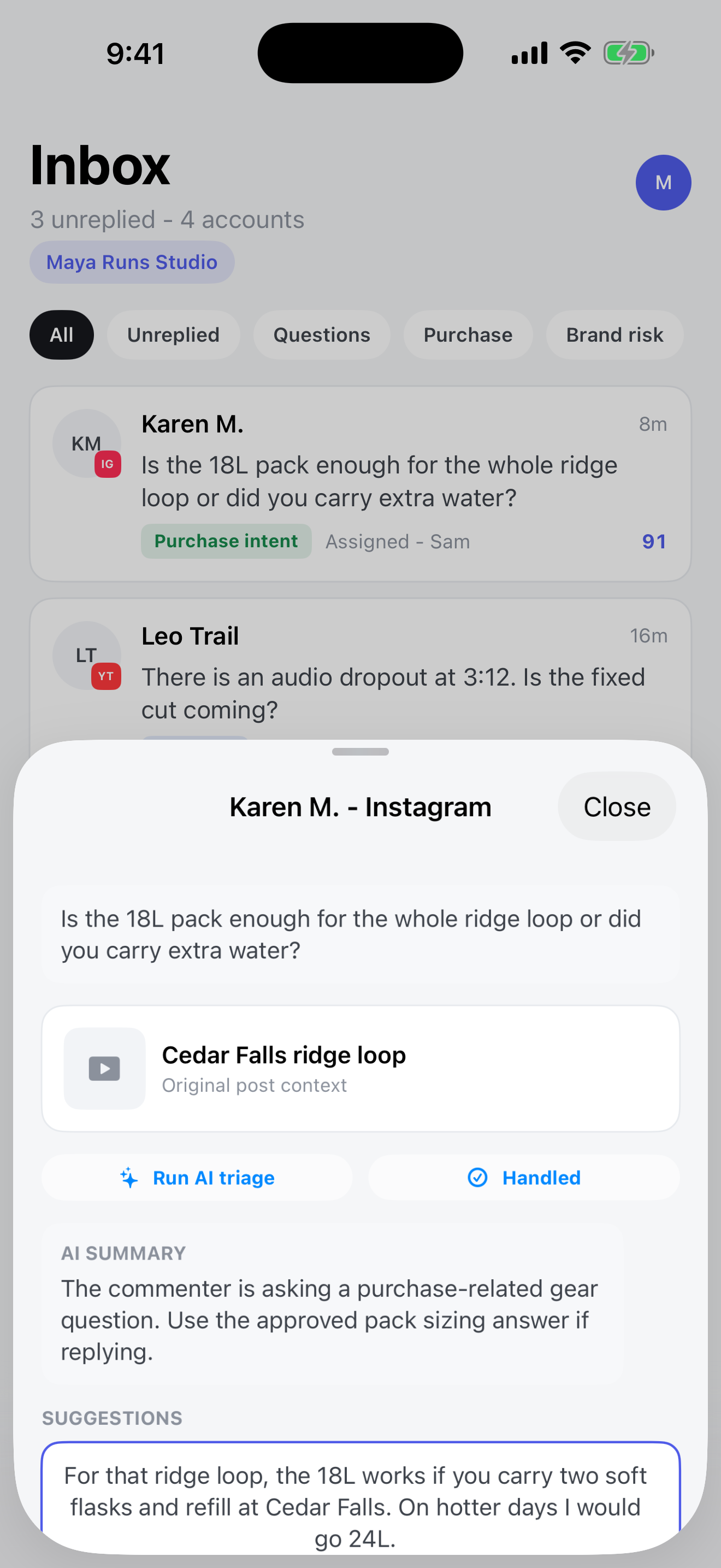 FanCue reply view with AI summary and an editable reply suggestion